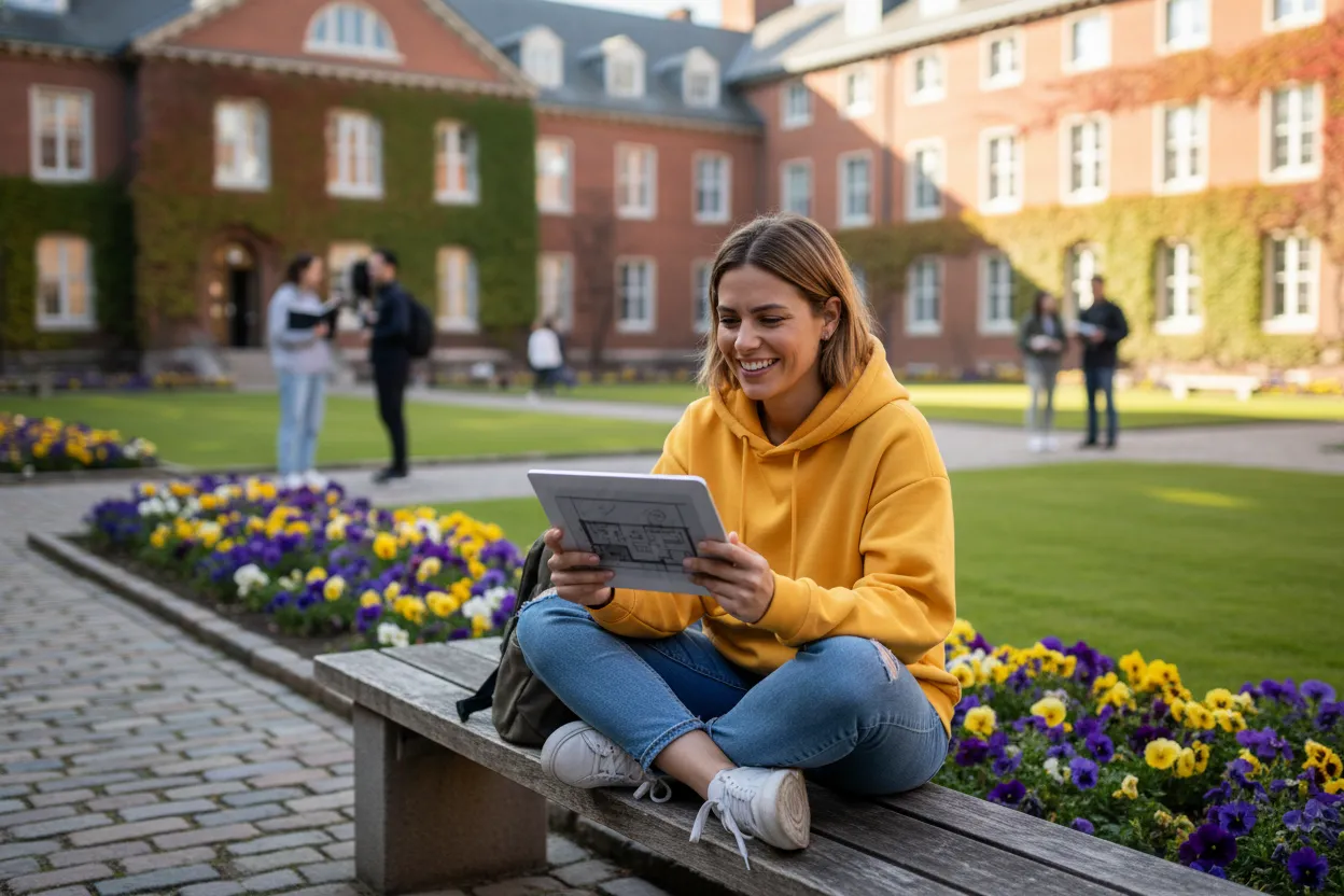A student researching colleges accepting 2.5 to 2.8 GPA on a campus courtyard.