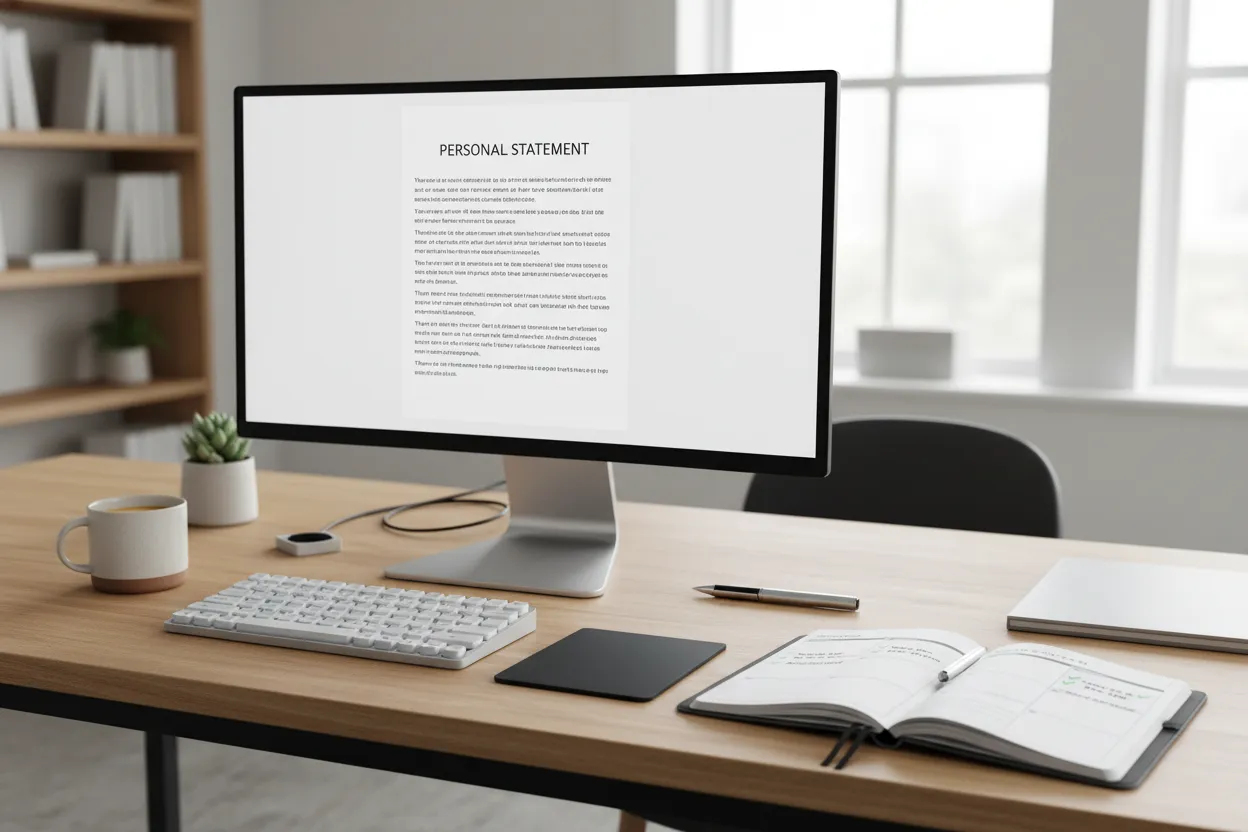 A college application essay and personal statement draft open on a workspace desk.