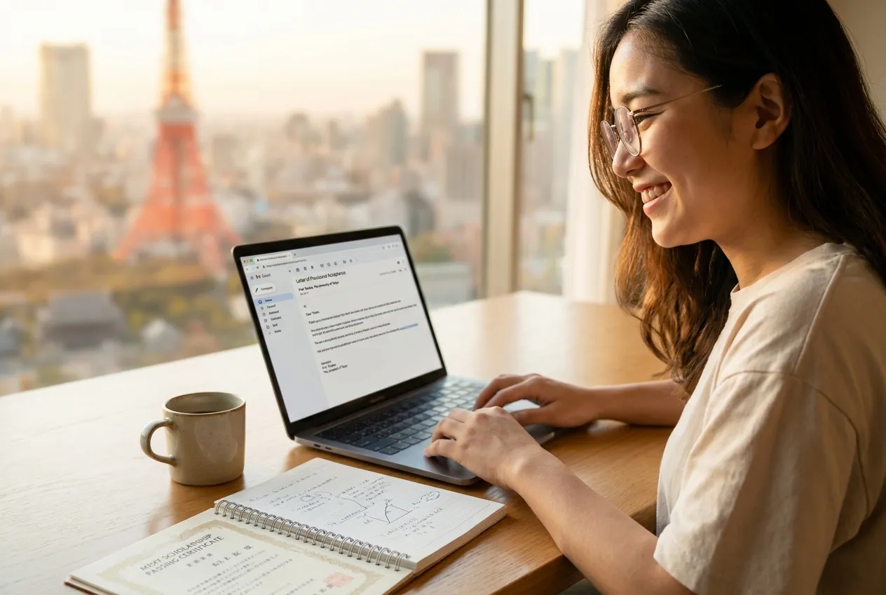 A MEXT scholarship passing certificate on a desk with a Japanese university campus visible on a laptop screen.