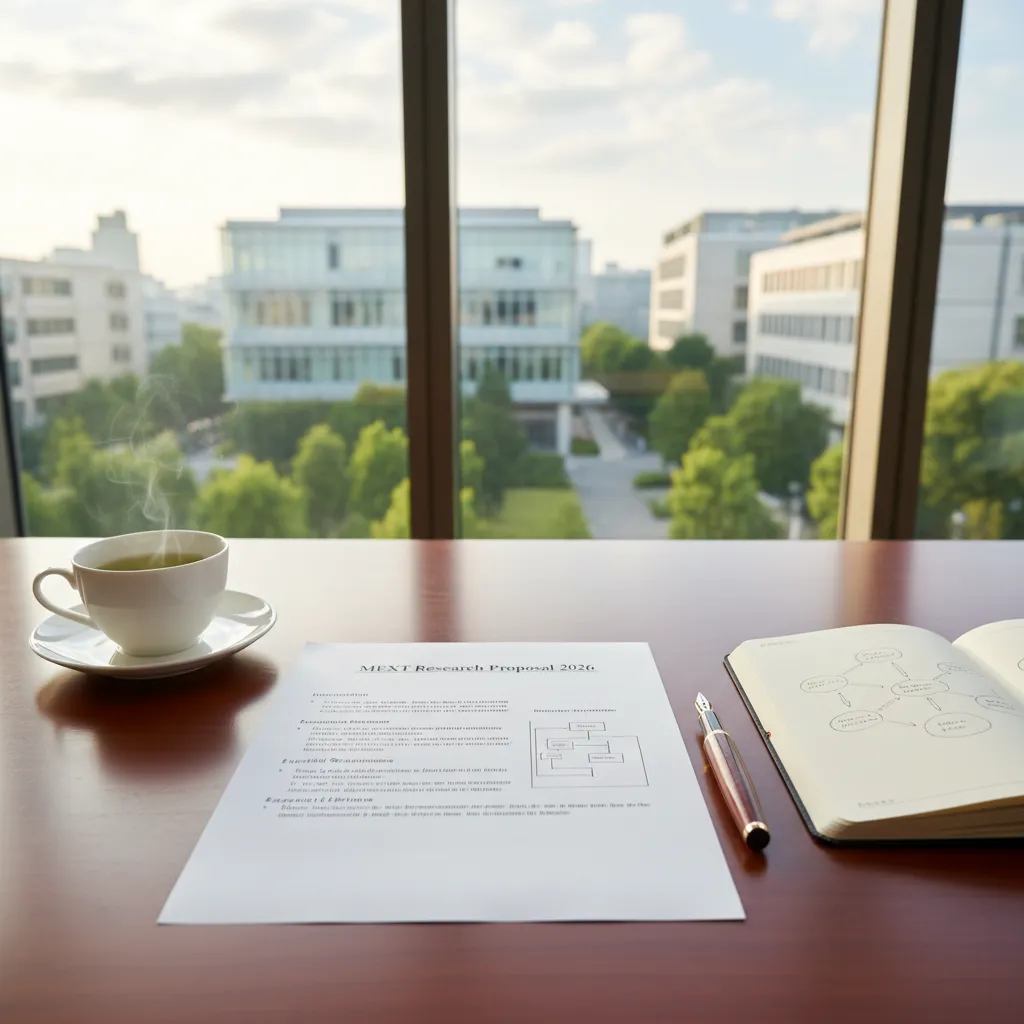 A pristine MEXT Research Plan 2026 application document neatly laid out on a professional academic workspace.