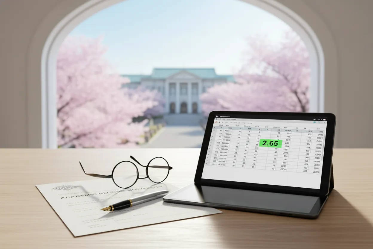 A calculator and transcript showing how to calculate MEXT GPA score on a study desk.