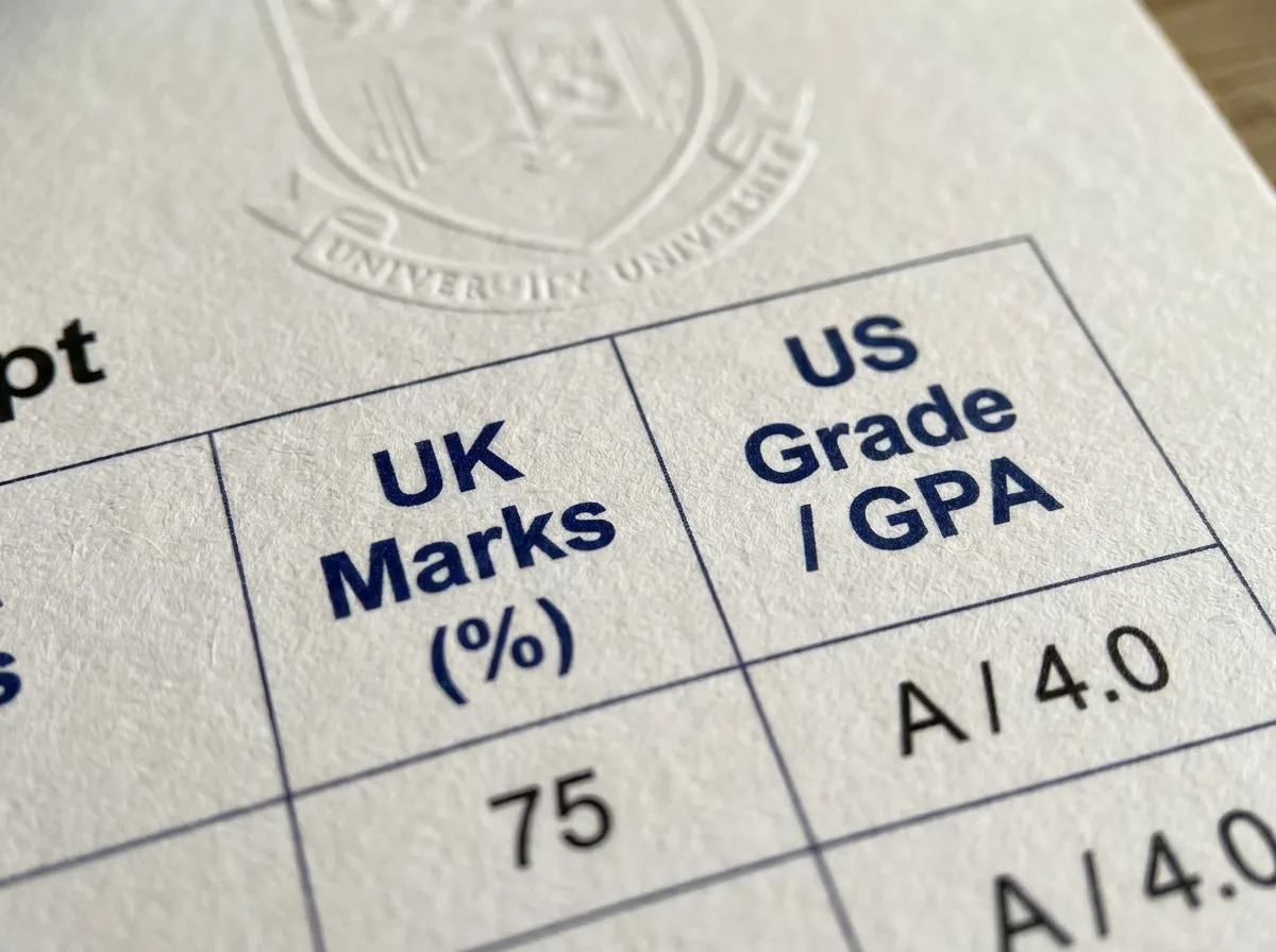 Transcript breakdown translating British university evaluations to US formats.