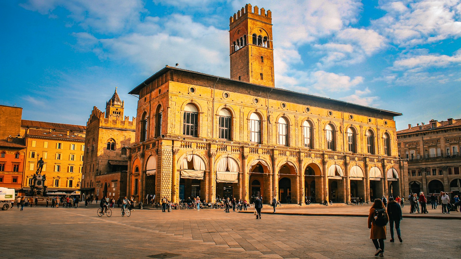 Historic tower and rooftops in Bologna, Italy