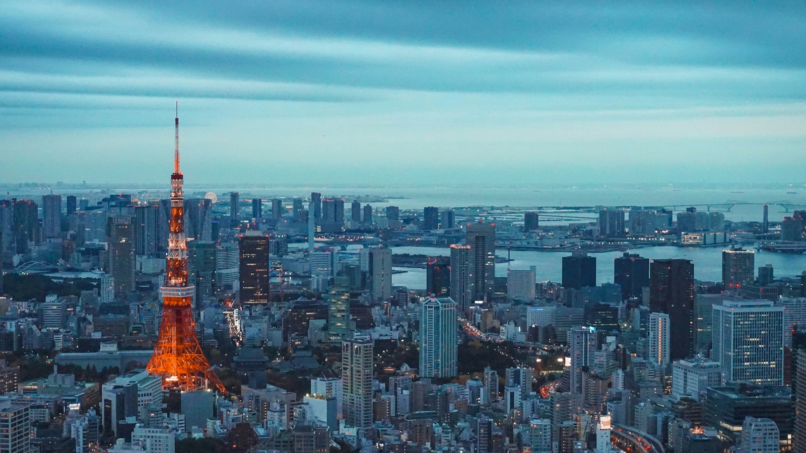 Tokyo Tower and city skyline at dusk in Japan